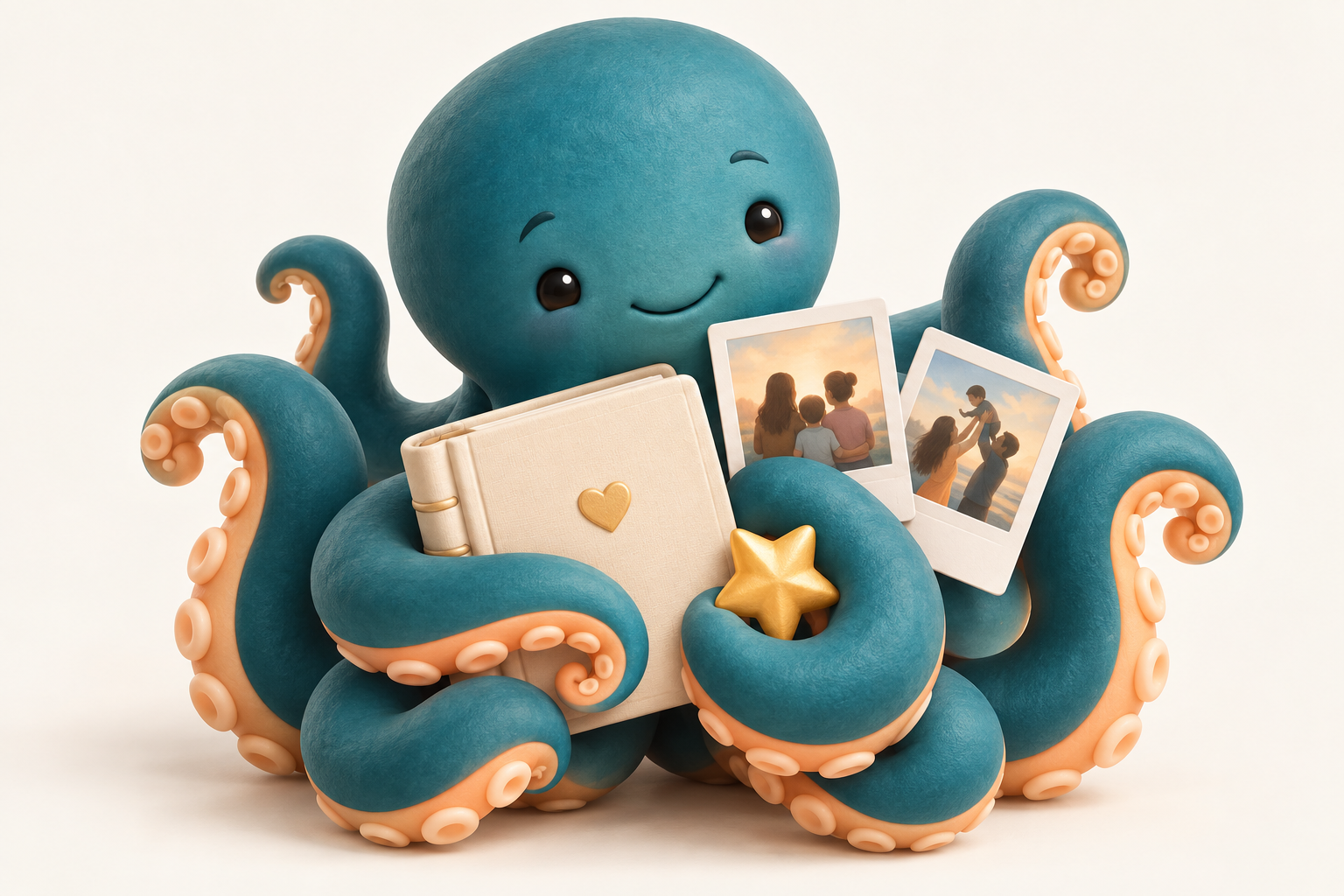 A friendly teal cartoon octopus holding a family photo album, treasured photographs, and a golden star.